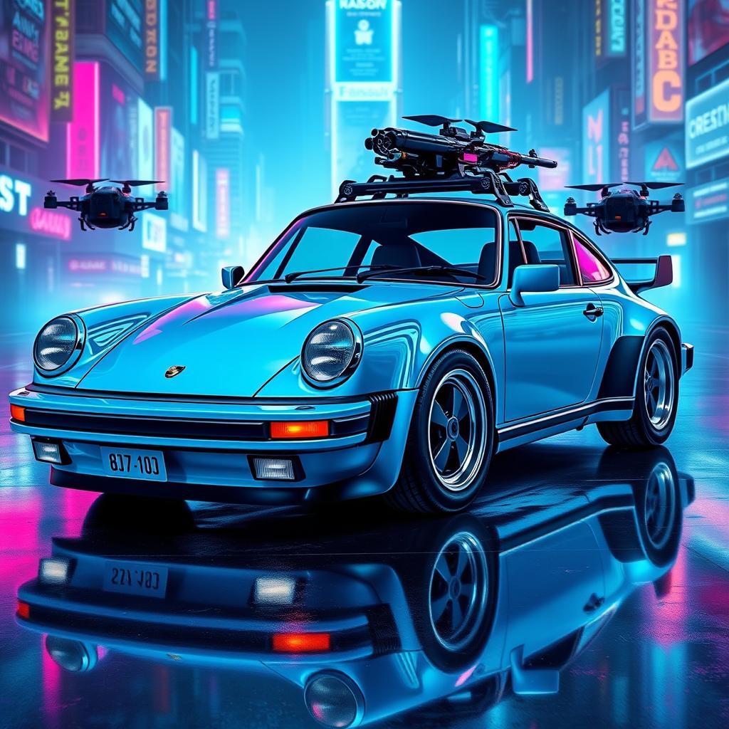 A royal light blue 1985 Porsche 911 depicted in an engaging cyberpunk art style, showcasing its sleek form and polished chrome accents