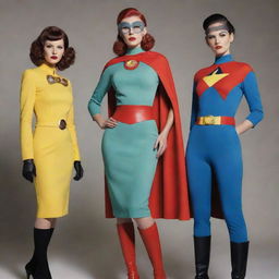 Atompunk superheroes enveloped in space-age aesthetics with sleek lines, bold colors, and atomic motifs. Their outfits are reminiscent of 1950s visions of the future, equipped with ray guns and atomic-powered gadgets, signifying the optimistic era of the Atomic Age.