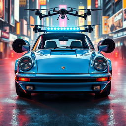 A royal light blue 1985 Porsche 911 featured in a stunning cyberpunk art style, showcasing its sleek exterior with polished chrome accents reflecting light beautifully