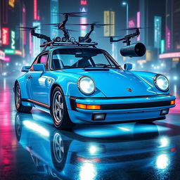 A royal light blue 1985 Porsche 911 featured in a stunning cyberpunk art style, showcasing its sleek exterior with polished chrome accents reflecting light beautifully