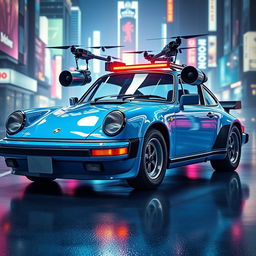 A royal light blue 1985 Porsche 911 featured in a stunning cyberpunk art style, showcasing its sleek exterior with polished chrome accents reflecting light beautifully