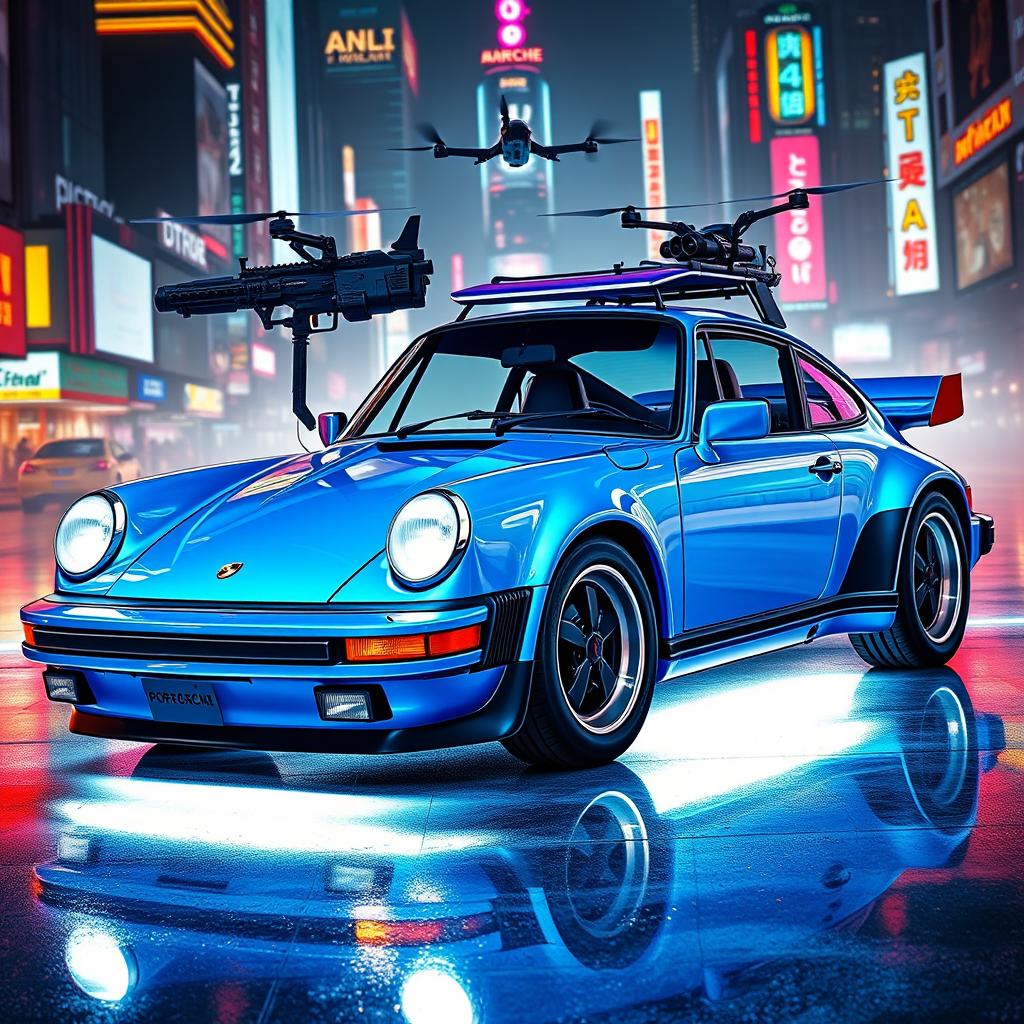 A royal light blue 1985 Porsche 911 featured in a stunning cyberpunk art style, showcasing its sleek exterior with polished chrome accents reflecting light beautifully