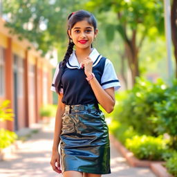 A young Desi girl in a fashionable school uniform, featuring a tight latex mini skirt cinched with a stylish belt