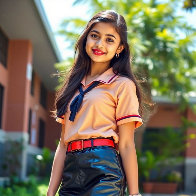 A young Desi girl in a fashionable school uniform, featuring a tight latex mini skirt cinched with a stylish belt