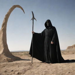 Depict the previously described Angel of Death in black robe with scythe, approaching a human dwelling located on Earth.