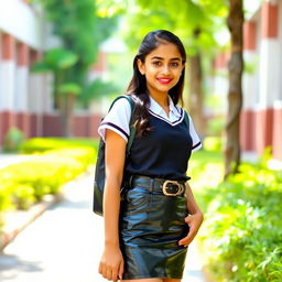 A young Desi girl in a fashionable school uniform, featuring a tight latex mini skirt cinched with a stylish belt