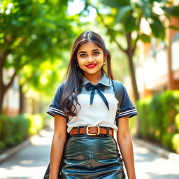 A young Desi girl in a fashionable school uniform, featuring a tight latex mini skirt cinched with a stylish belt