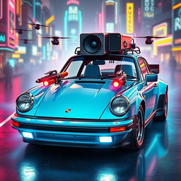 A royal light blue 1985 Porsche 911 rendered in a vibrant cyberpunk art style, showcasing its sleek body adorned with shiny chrome accents