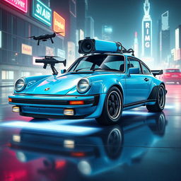 A royal light blue 1985 Porsche 911 rendered in a vibrant cyberpunk art style, showcasing its sleek body adorned with shiny chrome accents