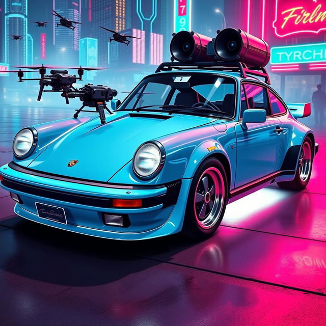 A royal light blue 1985 Porsche 911 rendered in a vibrant cyberpunk art style, showcasing its sleek body adorned with shiny chrome accents