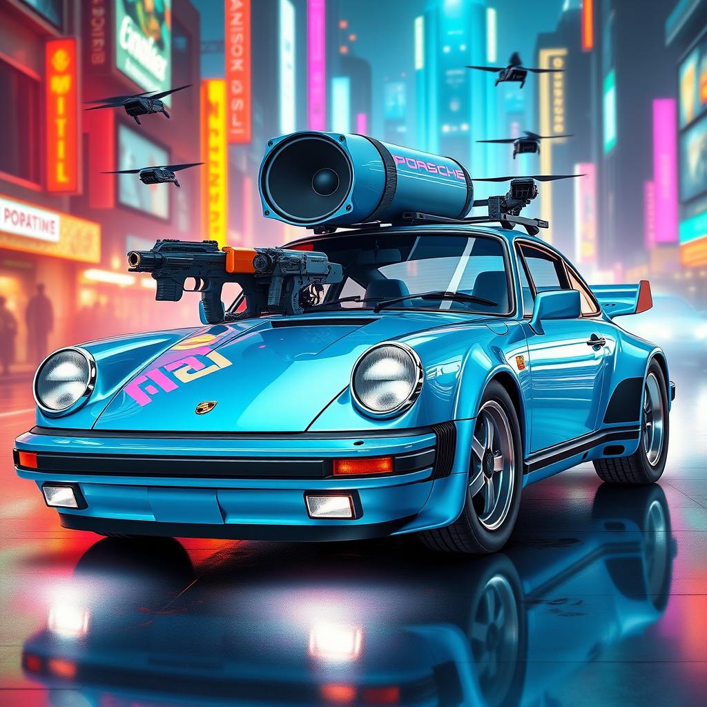 A royal light blue 1985 Porsche 911 rendered in a vibrant cyberpunk art style, showcasing its sleek body adorned with shiny chrome accents