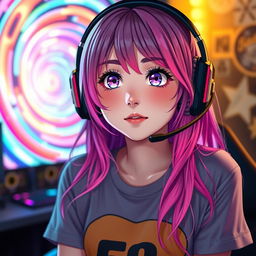 a beautiful, hot gamer girl with vibrant hair and an expressive ahegao face, staring hypnotized at a stunning, colorful spiral, her anime-inspired features accentuated by captivating lighting, wearing a stylish gaming headset and a casual graphic tee, the background filled with subtle gaming elements to create an immersive atmosphere, her wide eyes reflecting the spirals as they draw her in, combining a playful yet alluring vibe