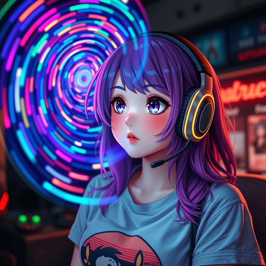 a beautiful, hot gamer girl with vibrant hair and an expressive ahegao face, staring hypnotized at a stunning, colorful spiral, her anime-inspired features accentuated by captivating lighting, wearing a stylish gaming headset and a casual graphic tee, the background filled with subtle gaming elements to create an immersive atmosphere, her wide eyes reflecting the spirals as they draw her in, combining a playful yet alluring vibe