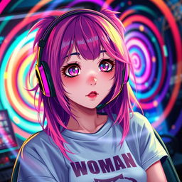 a beautiful, hot gamer girl with vibrant hair and an expressive ahegao face, staring hypnotized at a stunning, colorful spiral, her anime-inspired features accentuated by captivating lighting, wearing a stylish gaming headset and a casual graphic tee, the background filled with subtle gaming elements to create an immersive atmosphere, her wide eyes reflecting the spirals as they draw her in, combining a playful yet alluring vibe