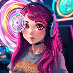 a beautiful, hot gamer girl with vibrant hair and an expressive ahegao face, staring hypnotized at a stunning, colorful spiral, her anime-inspired features accentuated by captivating lighting, wearing a stylish gaming headset and a casual graphic tee, the background filled with subtle gaming elements to create an immersive atmosphere, her wide eyes reflecting the spirals as they draw her in, combining a playful yet alluring vibe