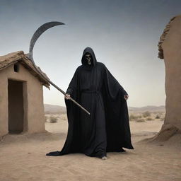 Depict the previously described Angel of Death in black robe with scythe, approaching a human dwelling located on Earth.