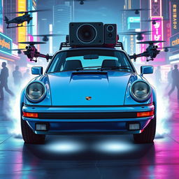 A royal light blue 1985 Porsche 911 illustrated in a striking cyberpunk art style, showcasing its elegant design with shiny chrome accents