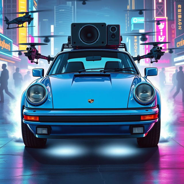 A royal light blue 1985 Porsche 911 illustrated in a striking cyberpunk art style, showcasing its elegant design with shiny chrome accents