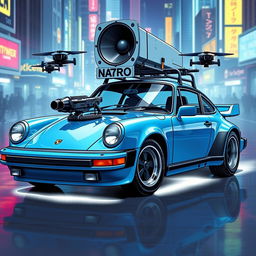 A royal light blue 1985 Porsche 911 illustrated in a striking cyberpunk art style, showcasing its elegant design with shiny chrome accents