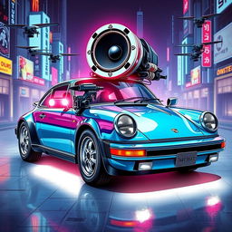 A royal light blue 1985 Porsche 911 illustrated in a striking cyberpunk art style, showcasing its elegant design with shiny chrome accents