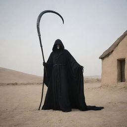 Depict the previously described Angel of Death in black robe with scythe, approaching a human dwelling located on Earth.