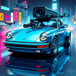 A royal light blue 1985 Porsche 911 illustrated in a striking cyberpunk art style, showcasing its sleek design with shiny chrome accents