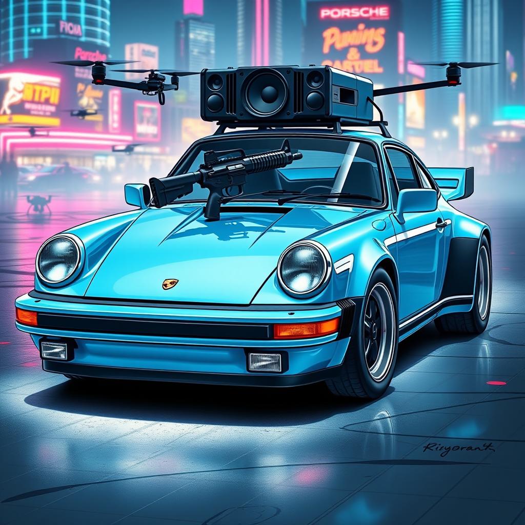 A royal light blue 1985 Porsche 911 illustrated in a striking cyberpunk art style, showcasing its sleek design with shiny chrome accents