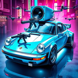 A royal light blue 1985 Porsche 911 illustrated in a striking cyberpunk art style, showcasing its sleek design with shiny chrome accents