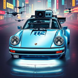 A royal light blue 1985 Porsche 911 illustrated in a striking cyberpunk art style, showcasing its sleek design with shiny chrome accents