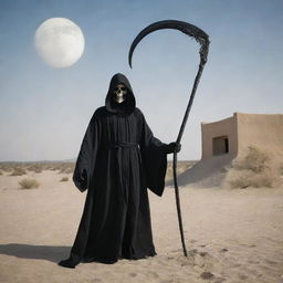 Depict the previously described Angel of Death in black robe with scythe, approaching a human dwelling located on Earth.