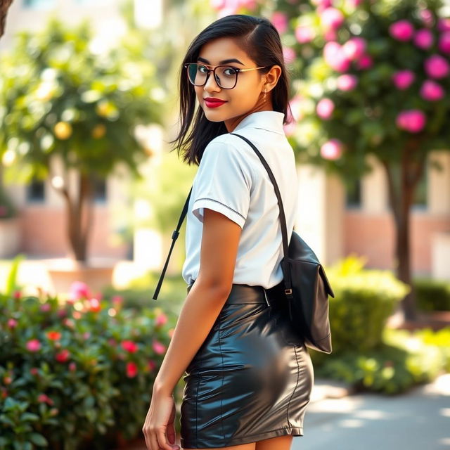 A young Desi girl in a fashionable school uniform, featuring a tight latex mini skirt cinched with a stylish belt