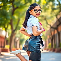 A young Indian girl in a stylish school uniform, featuring a tight latex mini skirt cinched with a fashionable belt