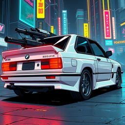 A stealthy white 1980s BMW M3 E30, featuring advanced composite armor for enhanced protection