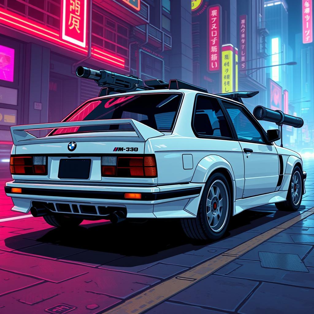 A stealthy white 1980s BMW M3 E30, featuring advanced composite armor for enhanced protection