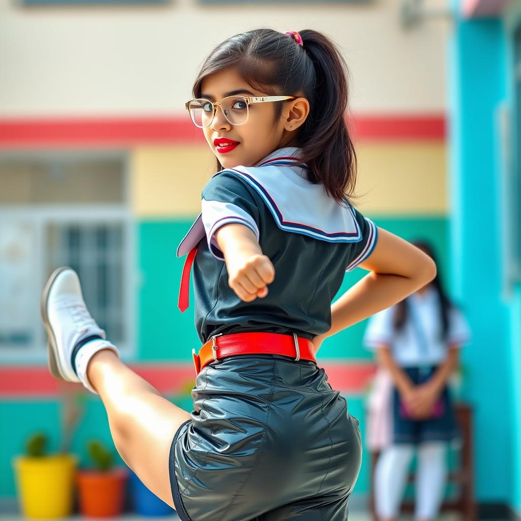 A young Indian girl in a trendy school uniform, featuring a tight latex mini skirt accentuated with a fashionable belt