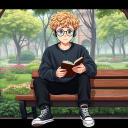 A slightly chubby 16-year-old boy with curly blond hair, blue eyes, and round glasses, sitting on a wooden bench in a vibrant square filled with lush trees and plants