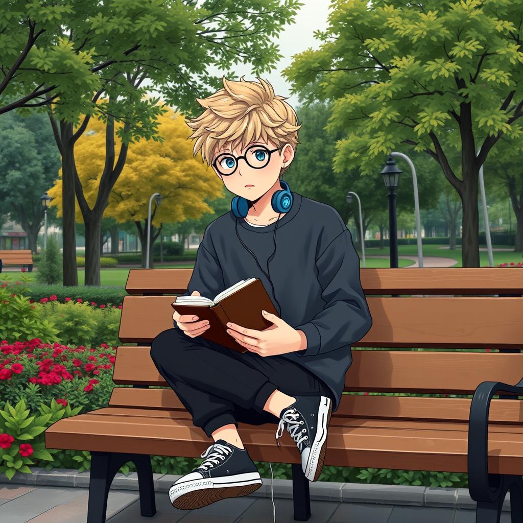 A slightly chubby 16-year-old boy with curly blond hair, blue eyes, and round glasses, sitting on a wooden bench in a vibrant square filled with lush trees and plants