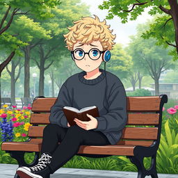 A slightly chubby 16-year-old boy with curly blond hair, blue eyes, and round glasses, sitting on a wooden bench in a vibrant square filled with lush trees and plants