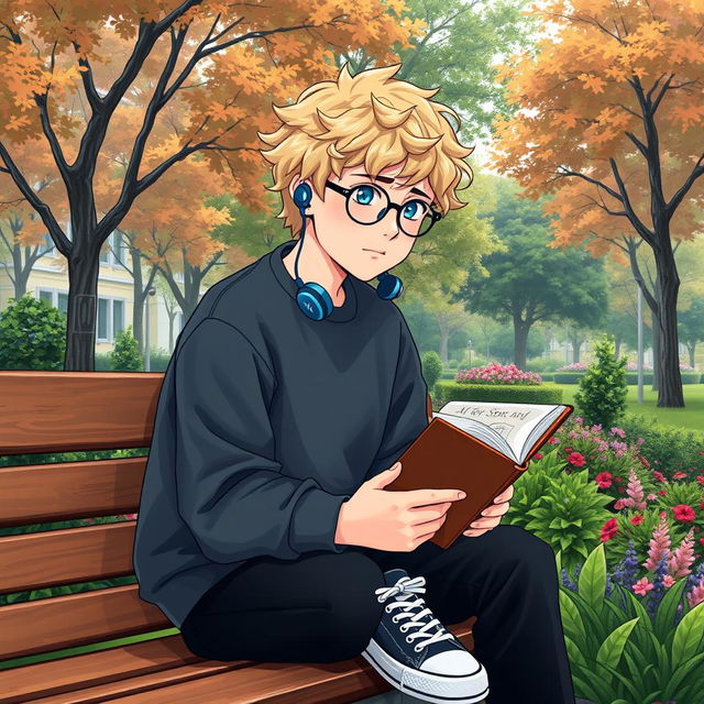 A slightly chubby 16-year-old boy with curly blond hair, blue eyes, and round glasses, sitting on a wooden bench in a vibrant square filled with lush trees and plants