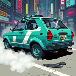 A compact teal 1980s Ford Fiesta with stylish white accents, designed for stealth and blending in with its environment