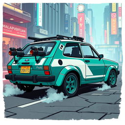 A compact teal 1980s Ford Fiesta with stylish white accents, designed for stealth and blending in with its environment