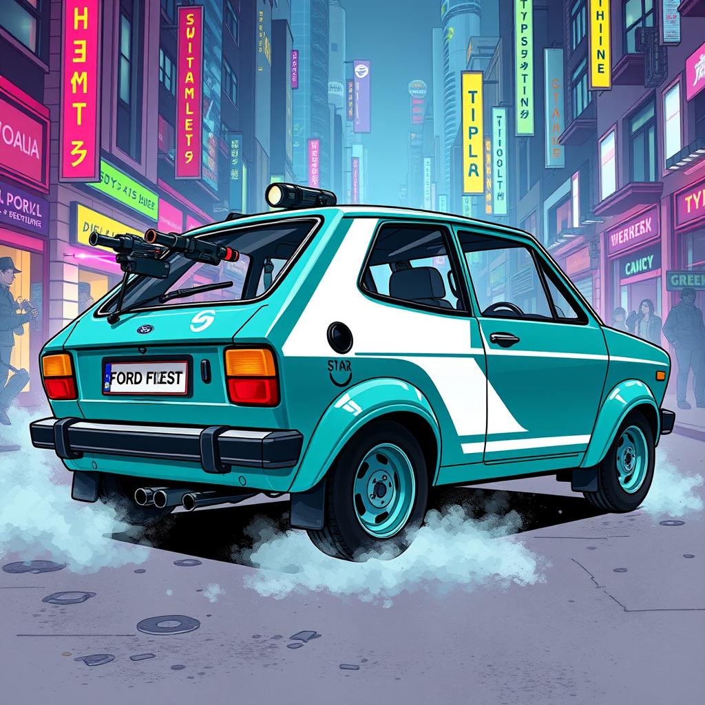 A compact teal 1980s Ford Fiesta with stylish white accents, designed for stealth and blending in with its environment