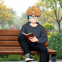 A slightly chubby 16-year-old boy with curly blond hair, blue eyes, and round glasses, sitting on a wooden bench in a vibrant square filled with lush trees and plants