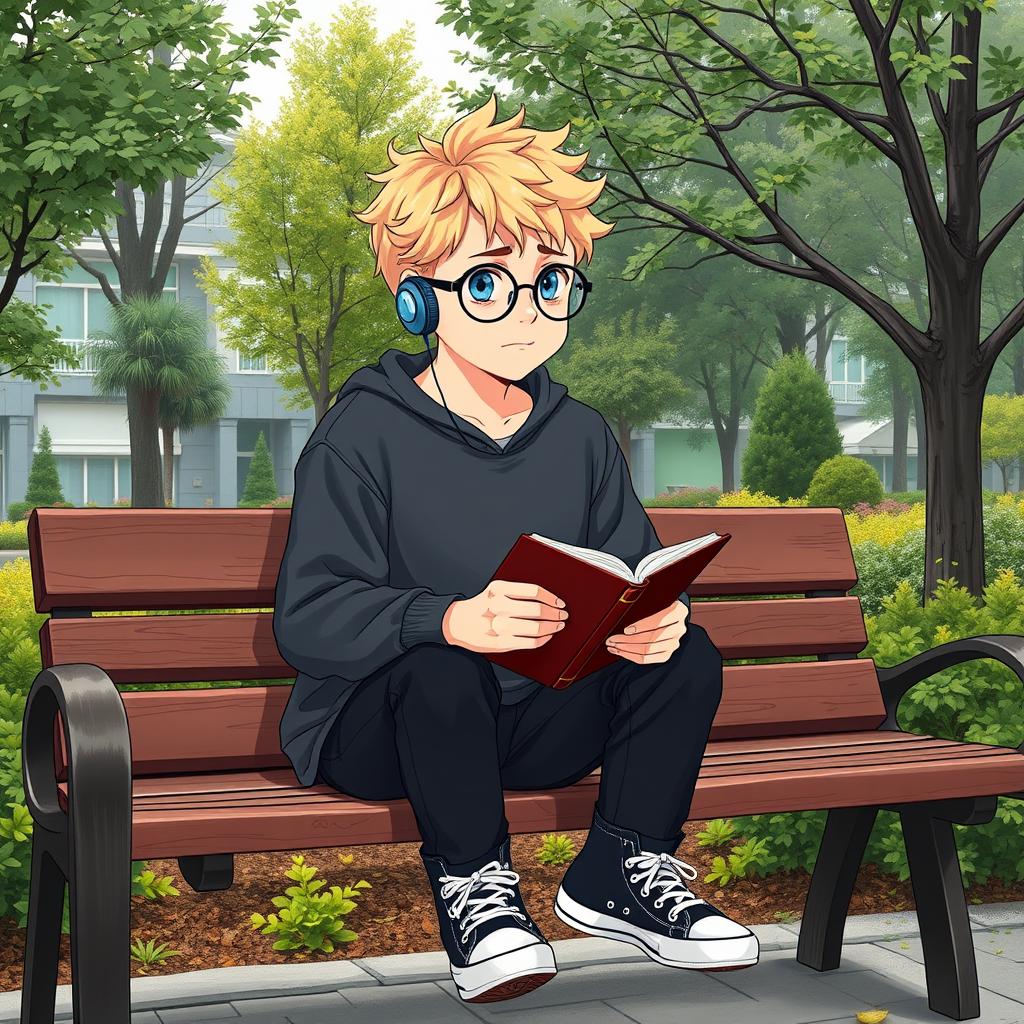 A slightly chubby 16-year-old boy with curly blond hair, blue eyes, and round glasses, sitting on a wooden bench in a vibrant square filled with lush trees and plants