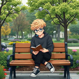 A slightly chubby 16-year-old boy with curly blond hair, blue eyes, and round glasses, sitting on a wooden bench in a vibrant square filled with lush trees and plants