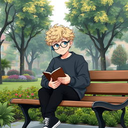 A slightly chubby 16-year-old boy with curly blond hair, blue eyes, and round glasses, sitting on a wooden bench in a vibrant square filled with lush trees and plants