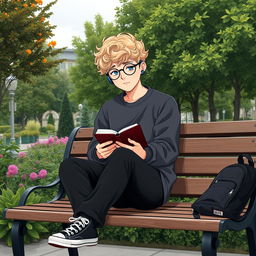 A slightly chubby 16-year-old boy with curly blond hair, blue eyes, and round glasses, sitting on a wooden bench in a vibrant square filled with lush trees and plants