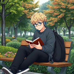 A slightly chubby 16-year-old boy with curly blond hair, blue eyes, and round glasses, sitting on a wooden bench in a vibrant square filled with lush trees and plants