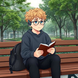 A slightly chubby 16-year-old boy with curly blond hair, blue eyes, and round glasses, sitting on a wooden bench in a vibrant square filled with lush trees and plants