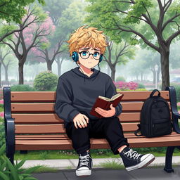 A slightly chubby 16-year-old boy with curly blond hair, blue eyes, and round glasses, sitting on a wooden bench in a vibrant square filled with lush trees and plants